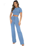 Casual Solid Round Neck Short Sleeve Crop Top & High Waist Drawstring Trousers Co-ord