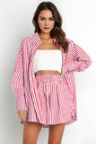 Versatile Stripe Collared Button-Up Long Sleeve Shirt & Drawstring Waist Shorts Co-ord