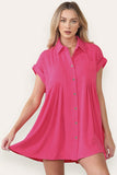 Women's Plain Collared Neck Short Sleeve Button-Up Ruched Shirtdress