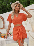 Summer Fresh Plain V-Neck Short Sleeve Crop Top & High Waist Knotted Shorts Co-ord