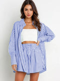 Versatile Stripe Collared Button-Up Long Sleeve Shirt & Drawstring Waist Shorts Co-ord