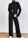 Leisure Plain Turtle Neck Ribbed Long Sleeve Knit Top & Wide Leg Trousers Co-ord