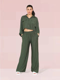 Versatile Long Sleeve Flap Pocket Button Crop Top & Elastic Waist Trousers Co-ord