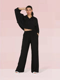 Versatile Long Sleeve Flap Pocket Button Crop Top & Elastic Waist Trousers Co-ord