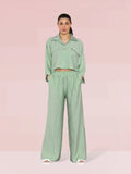 Versatile Long Sleeve Flap Pocket Button Crop Top & Elastic Waist Trousers Co-ord