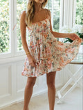Summer Boho Spaghetti Strap Floral Print Ruched Mini Dress