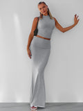 Elegant Plain Round Neck Sleeveless Slim Tank & Folded Waist Skirt Co-ord