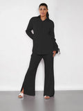 Solid Color Versatile Button-Up Drawstring Long Sleeve Shirt & Silt Wide Leg Trousers Co-ord