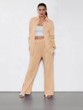 Solid Color Versatile Button-Up Drawstring Long Sleeve Shirt & Silt Wide Leg Trousers Co-ord