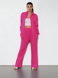 Solid Color Versatile Button-Up Drawstring Long Sleeve Shirt & Silt Wide Leg Trousers Co-ord