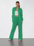 Solid Color Versatile Button-Up Drawstring Long Sleeve Shirt & Silt Wide Leg Trousers Co-ord