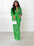 Trendy Color Matching Stripe Button Long Sleeve Shirt & Wide Leg Trousers Co-ord