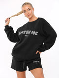 Athletic Crew Neck KATCH ME Print Loose Sweatshirt & Wide Leg Drawstring Shorts Co-ord