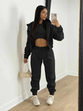 Casual Solid Crop Vest & Zip-Up Hoodie & Drawstring Waist Sweatpants Three-Piece Set