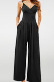 Women's Elegant Spaghetti Straps Thin Waist Backless Wide Leg Jumpsuit