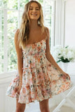 Summer Boho Spaghetti Strap Floral Print Ruched Mini Dress