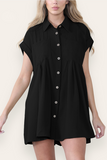 Women's Plain Collared Neck Short Sleeve Button-Up Ruched Shirtdress
