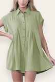 Women's Plain Collared Neck Short Sleeve Button-Up Ruched Shirtdress