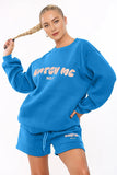 Athletic Crew Neck KATCH ME Print Loose Sweatshirt & Wide Leg Drawstring Shorts Co-ord
