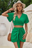 Summer Fresh Plain V-Neck Short Sleeve Crop Top & High Waist Knotted Shorts Co-ord