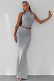Elegant Plain Round Neck Sleeveless Slim Tank & Folded Waist Skirt Co-ord