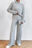 Leisure Plain Turtle Neck Ribbed Long Sleeve Knit Top & Wide Leg Trousers Co-ord