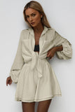 Trendy Plain Collared Button-Up Long Sleeve Shirt & High Waist Flounce Shorts Co-ord
