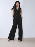 Summer Plain V-Neck Sleeveless Button Tank & Suiting Pants Co-ord