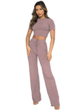 Casual Solid Round Neck Short Sleeve Crop Top & High Waist Drawstring Trousers Co-ord
