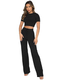 Casual Solid Round Neck Short Sleeve Crop Top & High Waist Drawstring Trousers Co-ord