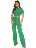 Casual Solid Round Neck Short Sleeve Crop Top & High Waist Drawstring Trousers Co-ord