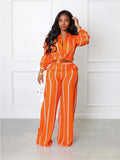 Trendy Color Matching Stripe Button Long Sleeve Shirt & Wide Leg Trousers Co-ord