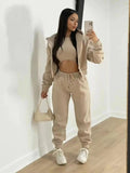 Casual Solid Crop Vest & Zip-Up Hoodie & Drawstring Waist Sweatpants Three-Piece Set